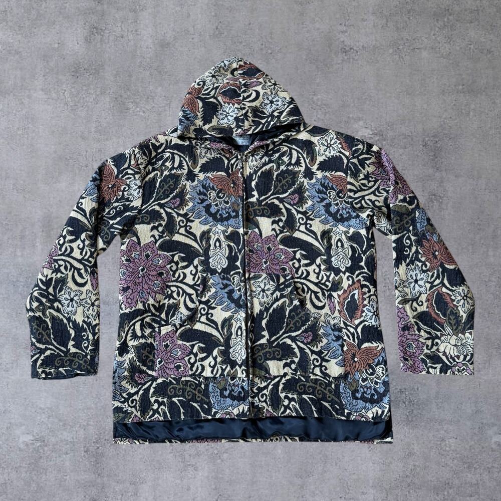 Sunshine Joy Floral Tapestry Hooded Jacket Coat XL Boho Hippie Festival Woven⁠